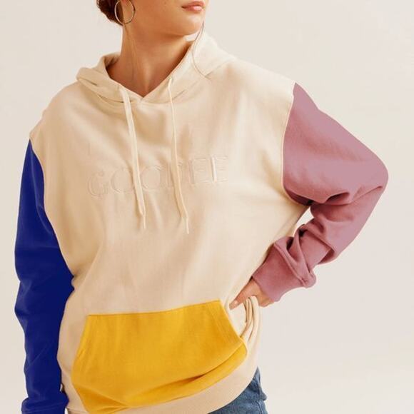 GOODEE x Kotn Tops - GOODEE x Kotn Women Ivory Colorblock Cotton Kangaroo Relaxed Hoodie Size L
